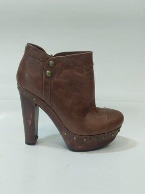 Ugg Booties Womens 5 Ambrosia Brown Leather Wood Heel Platform Ankle Boots Studs